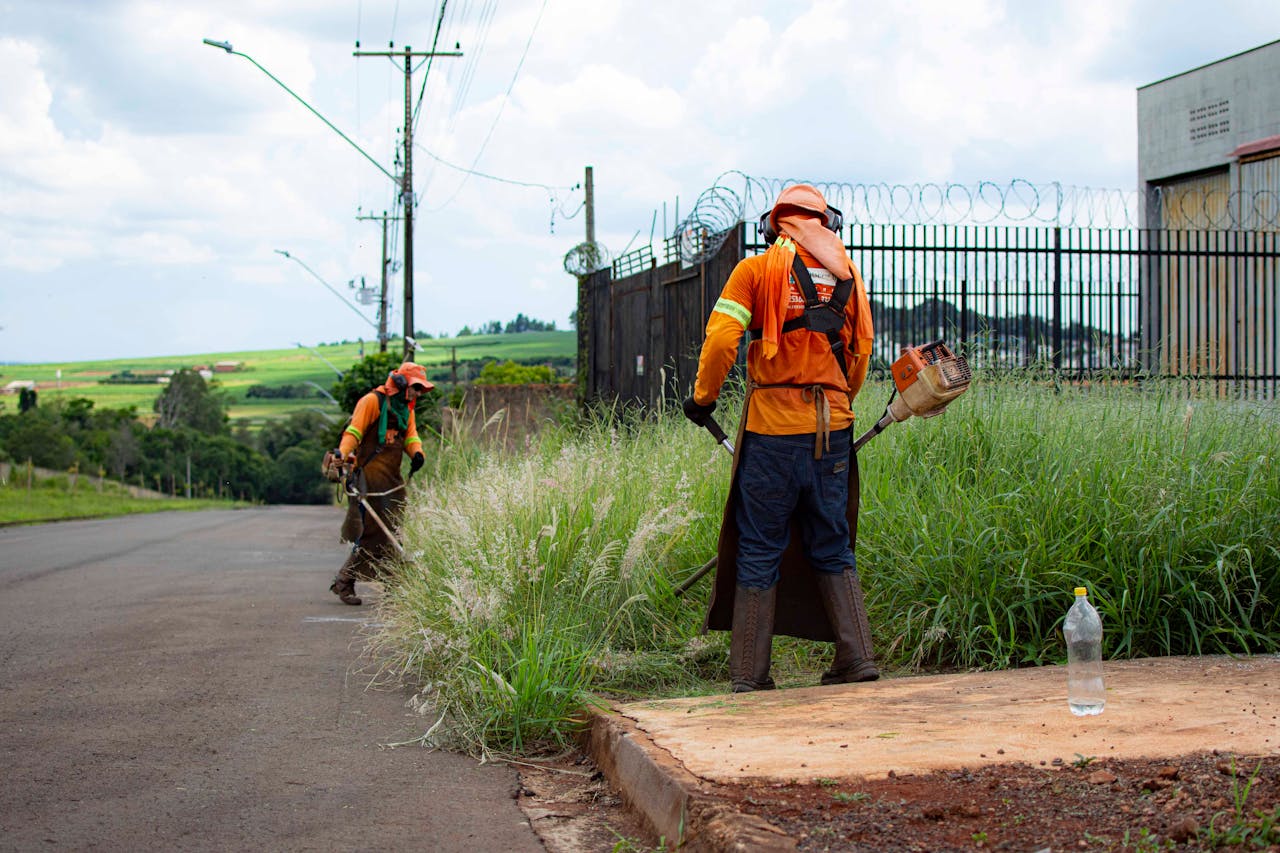 Two workers in Londrina, Brazil, trimming roadside grass with weed whackers.